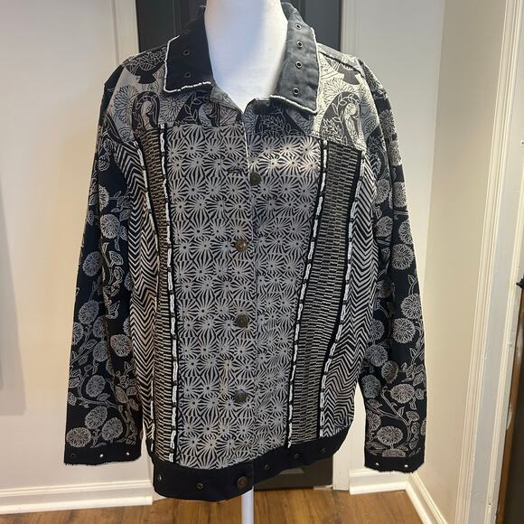 TiO Thomas & Olivia Sz XL Dark Gray Beige Beaded Floral Artsy Grommet Boho EUC - Picture 1 of 8